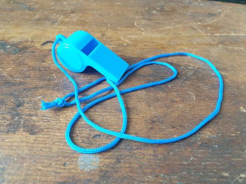 Signal whistle with cord in friendly blue